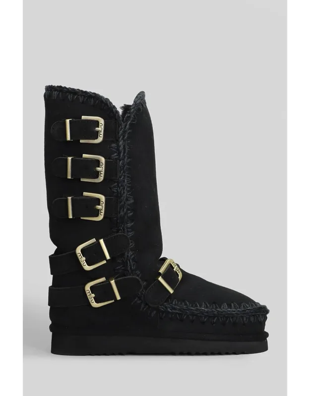 40 Low Heels Boots In Black Suede, Wool Stitching