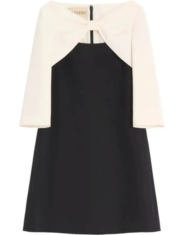 Crepe Couture Short Dress With Bow And Contrasting Sleeves