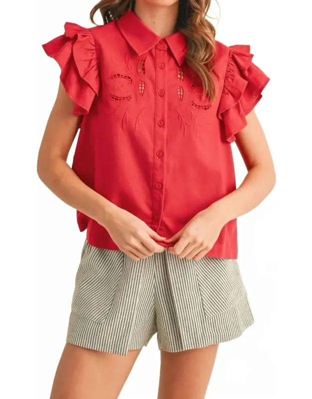 Embroidered Cut Out Button Down Top