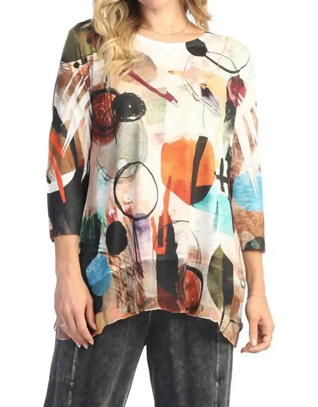 Abstract 3/4 Sleeve Chiffon Trim Hem Top