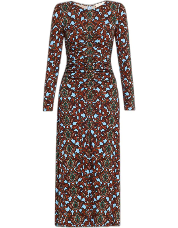 Maisy Long-sleeve Floral Ruched Midi Dress