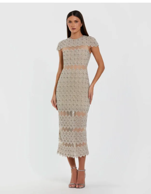 Embellished Mesh Fitted Midi Dress With Sheer Panels