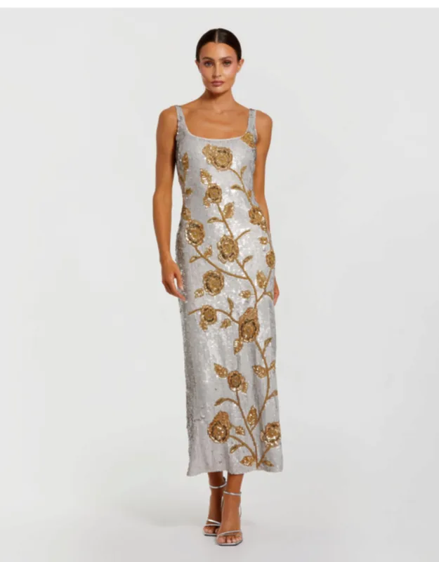 Sliver Sleeveless Sequin Dress With Gold Floral Detail