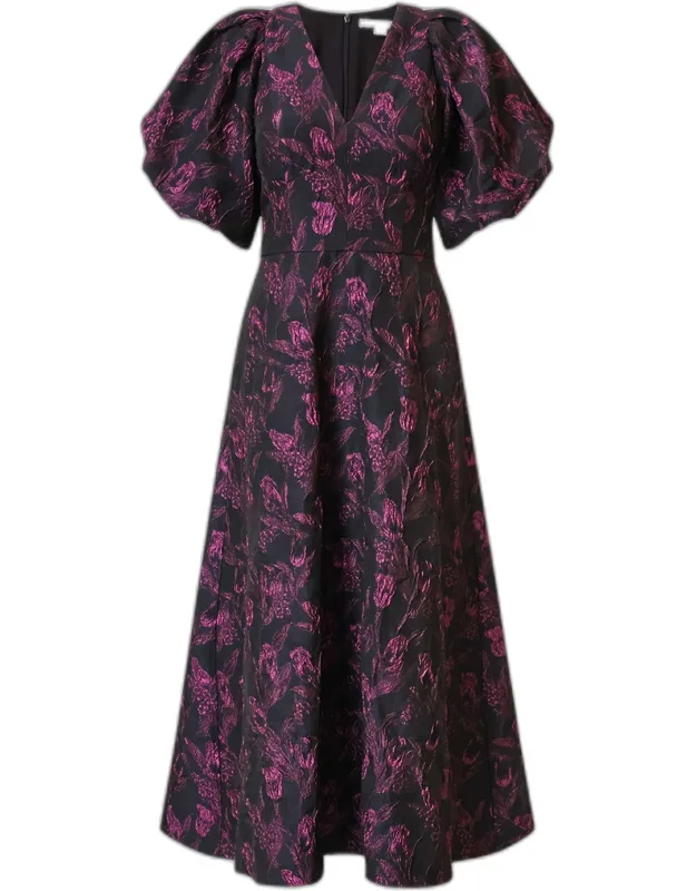 Blouson-sleeve Floral Jacquard Midi Dress