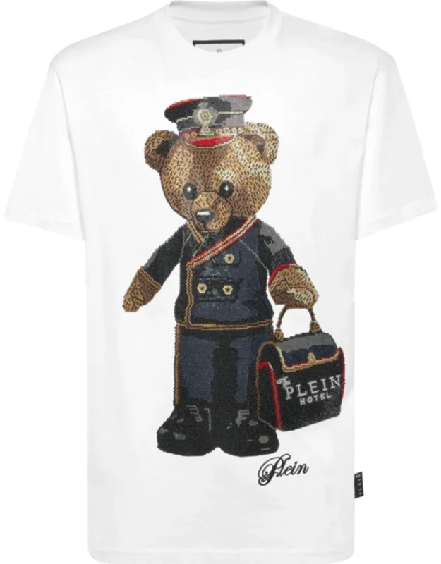 Round Neck T-shirt Full Of Stones Teddy Bear Rhinestoned Pattern Print, Rib Knit Neckline