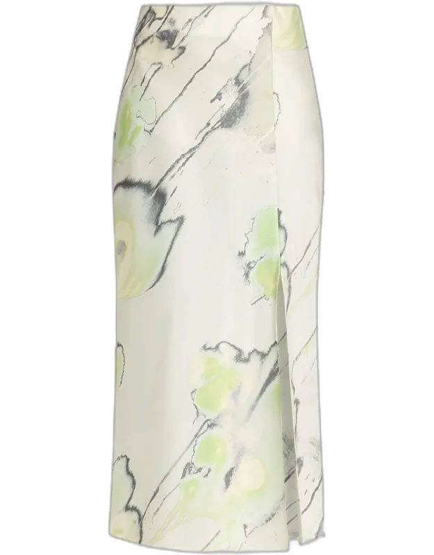 Watercolor Crepe Satin Slip Midi Skirt