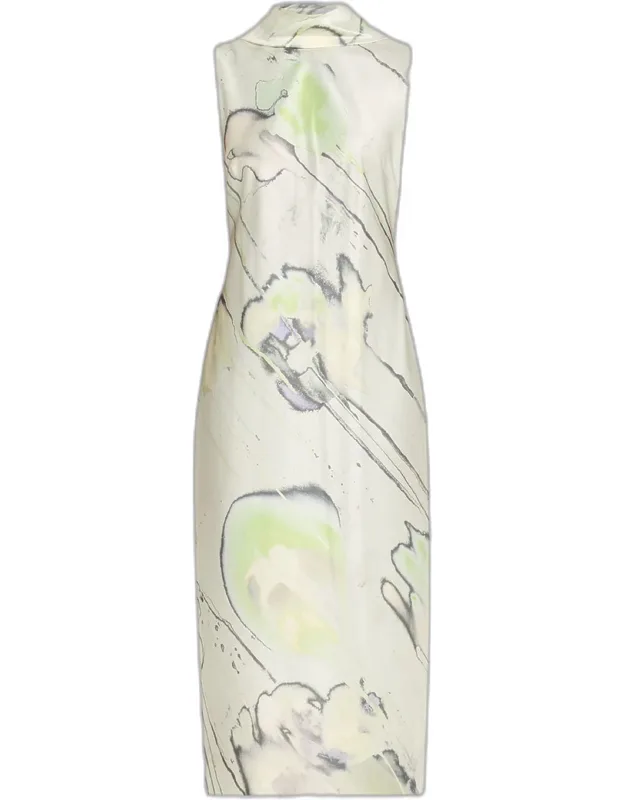 Sleeveless Watercolor Bias-cut Scarf Midi Dress