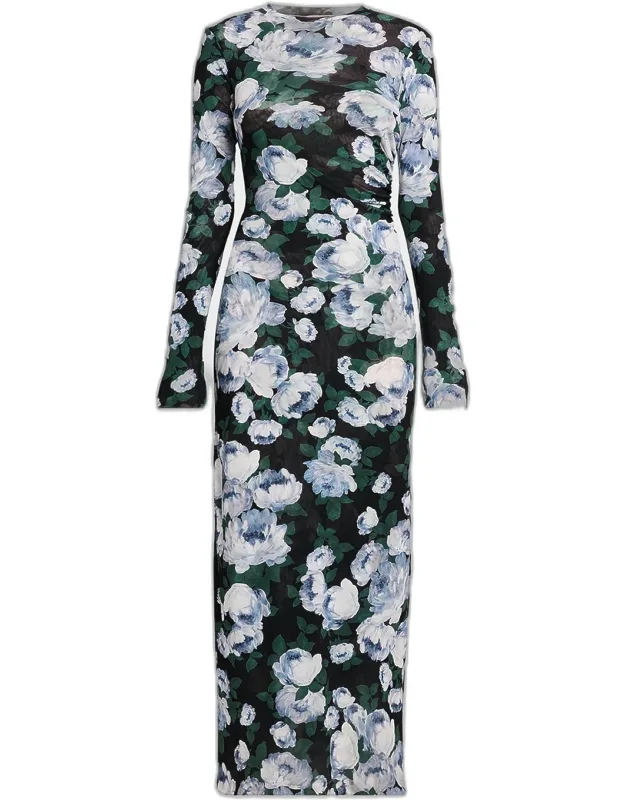Bunch Of Roses Mesh Long-sleeve Maxi Dress