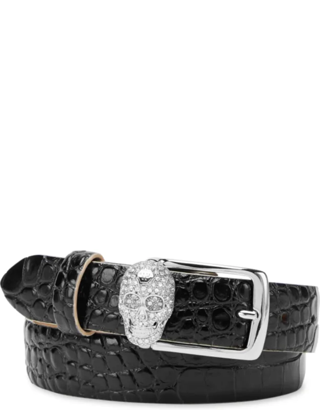 Leather Belt Crocco Print Shiny Skull