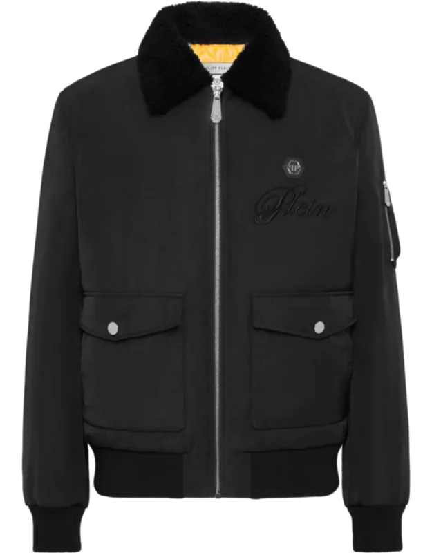 Nylon Aviator Jacket With Shearling Collar