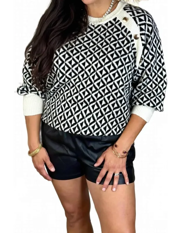 Button Detail Geo Pattern Sweater