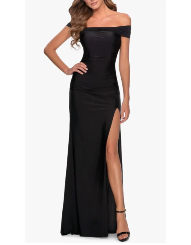 Off The Shoulder Tie Back And Slit Open Back Prom Dress
