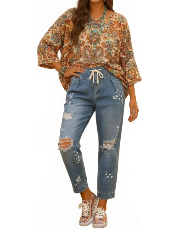 Distressed Stretch Fit Balloon Paint Splash Denim Tappers