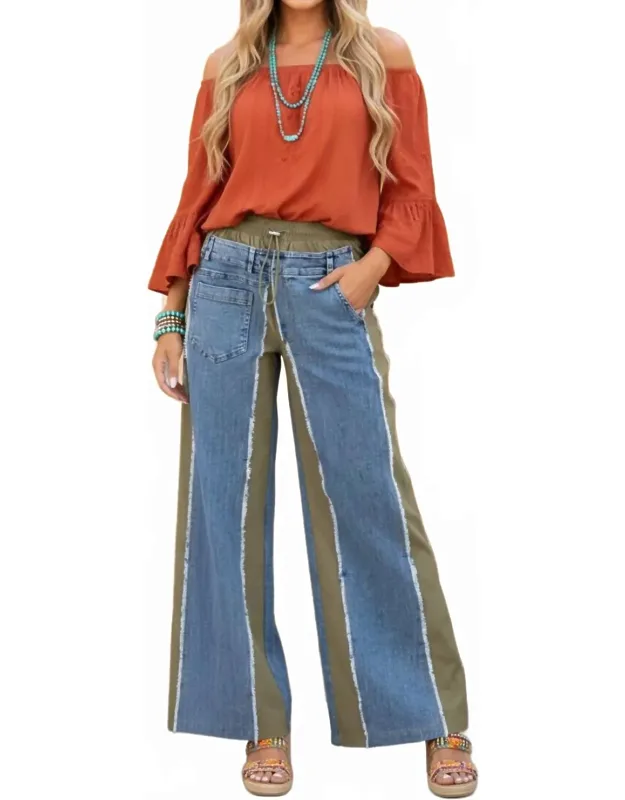 Boho Elastic Waist Pocket Contrast Wide-leg Pants