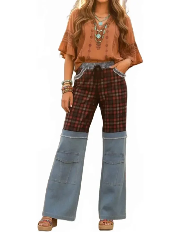 Boho Elastic Waist Pocket Plaid Contrast Wide-leg Pants