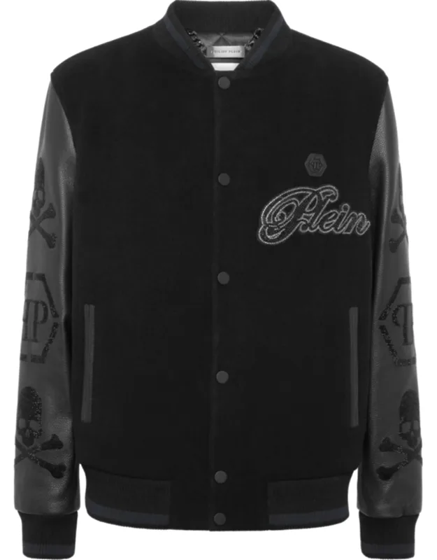 Wool & Leather Varsity Bomber Jacket With Patches And Stones