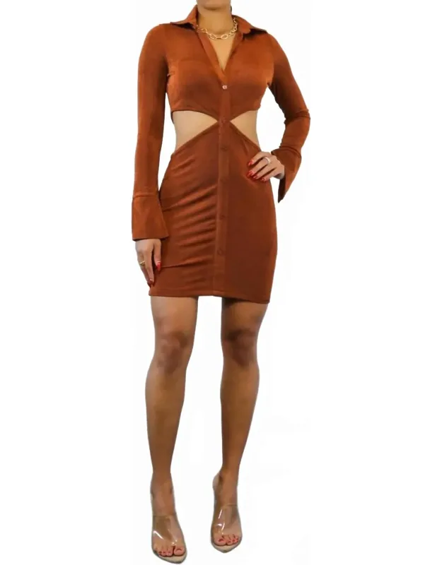 Silky Button Down Dress With Waist Cut Out Detail