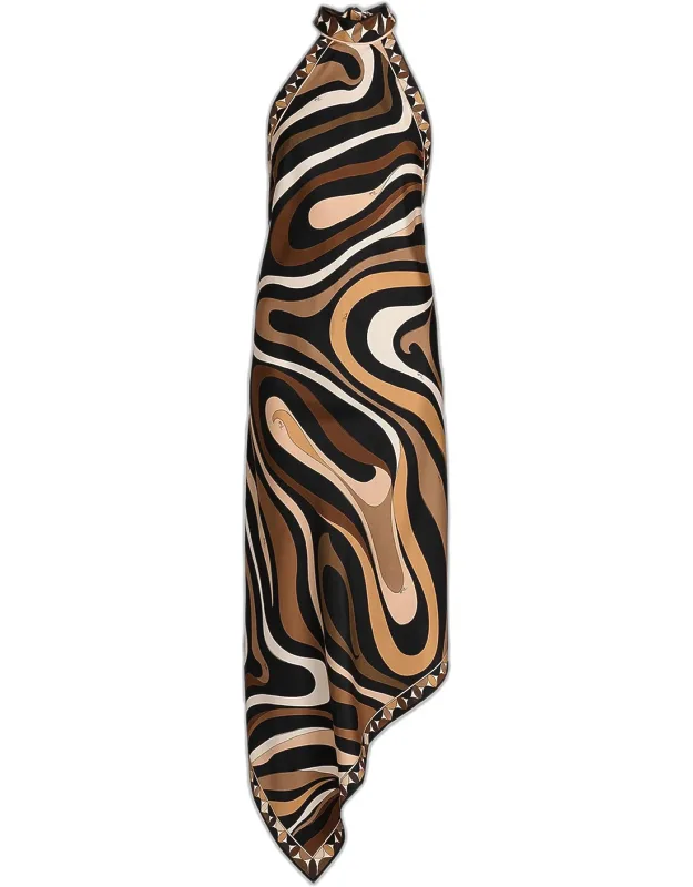 Marmo-print Silk Twill Foulard Midi Halter Dress