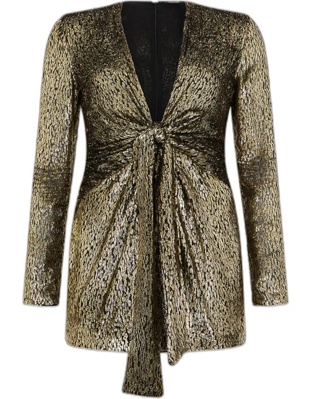 Knotted Metallic Velvet Jacquard Mini Dress