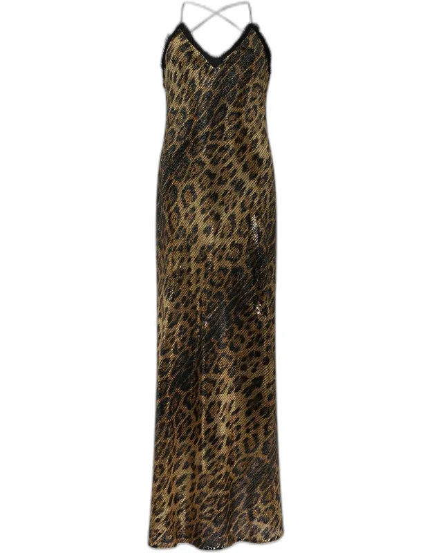 Jaguar-print Sequined Backless Maxi Slip Dress