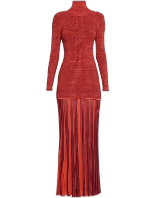 Turtleneck Drop-waist Pleated Maxi Dress