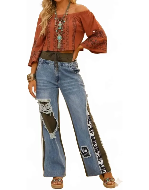 Boho Elastic Waist Pocket Wide-leg Pants