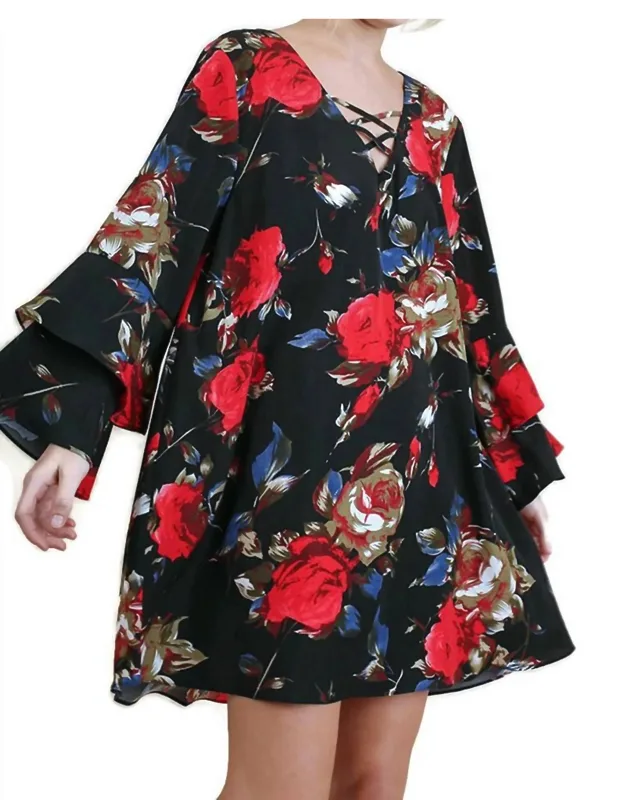 Criss Cross Layered Ruffle Sleeve Floral Dress
