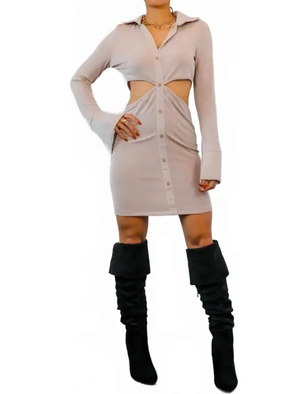 Silky Button Down Dress With Waist Cut Out Detail