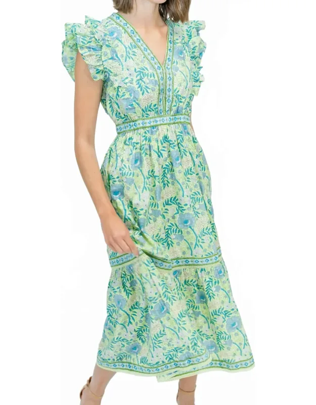 Kira Midi Dress - Boho Chic With Cap Flutter Sleeves And V-neckline