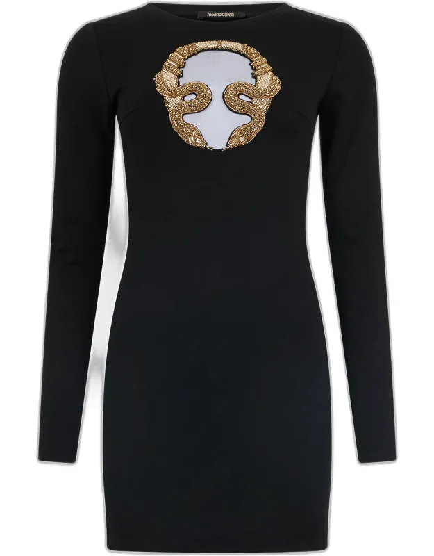 Beaded Cutout Matte Jersey Long-sleeve Mini Dress