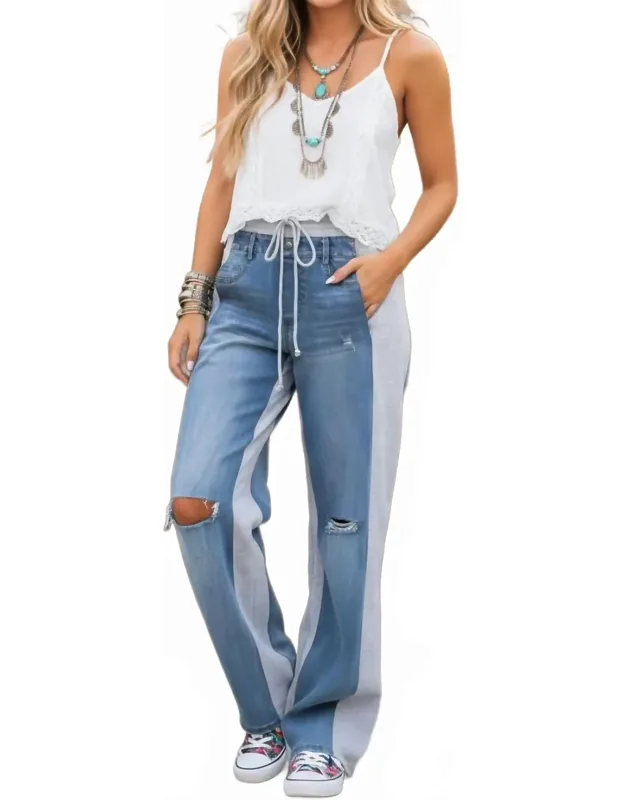 Boho Elastic Waist Pocket Distressed Contrast Wide-leg Pants