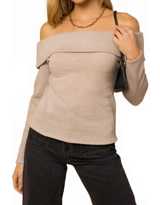 Long Sleeve Off Shoulder Back Cross Glitter Rib Top