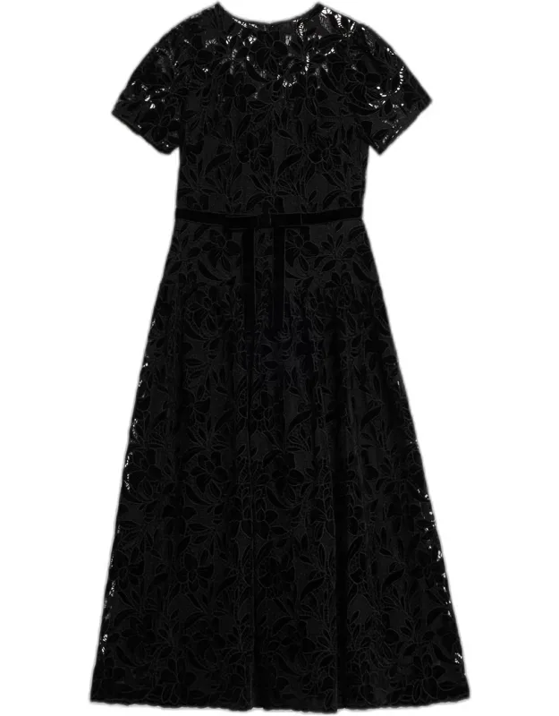 Puff-sleeve Velvet Lace Midi Dress