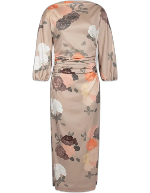 Floral-print Ruched 3/4-sleeve Maxi Dress