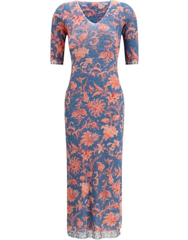 Floral Pattern Midi Dress With V-neckline And Short Sleeves