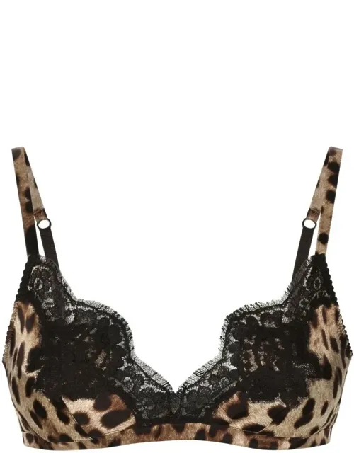 Leopard-print Soft-cup Satin Bra With Lace Detailing