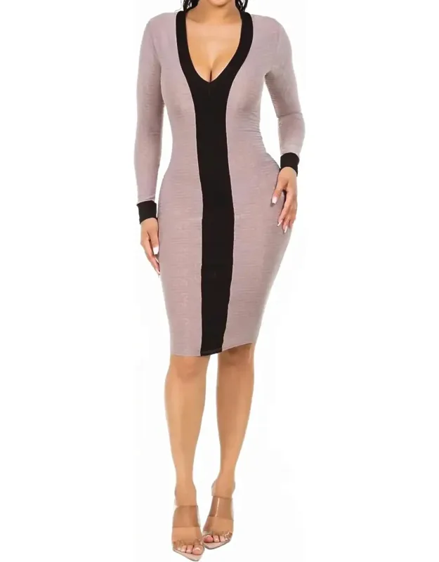 Contrast V Neck Rib Midi Dress