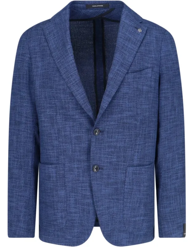 Single-breasted Blazer, Mélange Wool And Silk Blend, Classic Lapels, Silver Metal Logo Charm, Two Button Closure, Chest Pocket, Two Side Flat Pockets, Cuffs With Buttons, Straight Hem