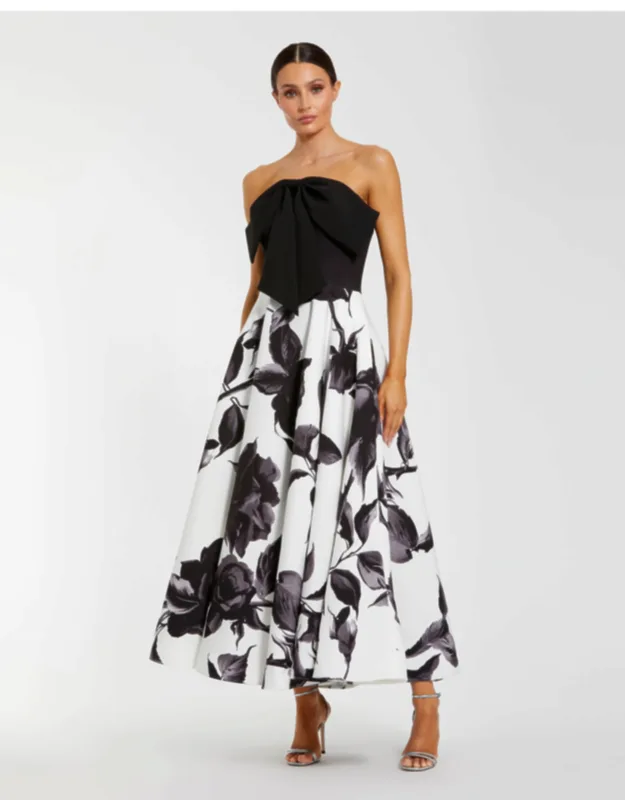 Floral Strapless Midi Dress With Bow