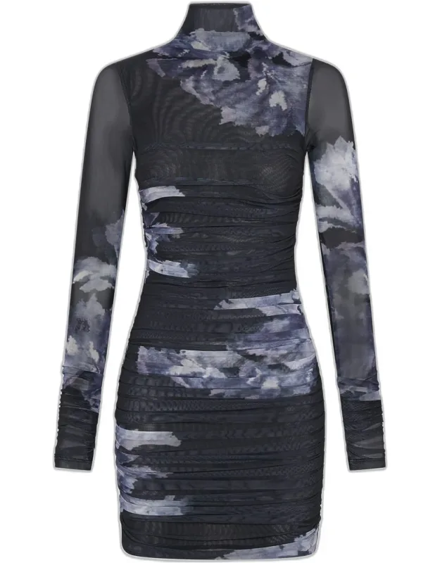 Long-sleeve Mock-neck Mesh Mini Dress