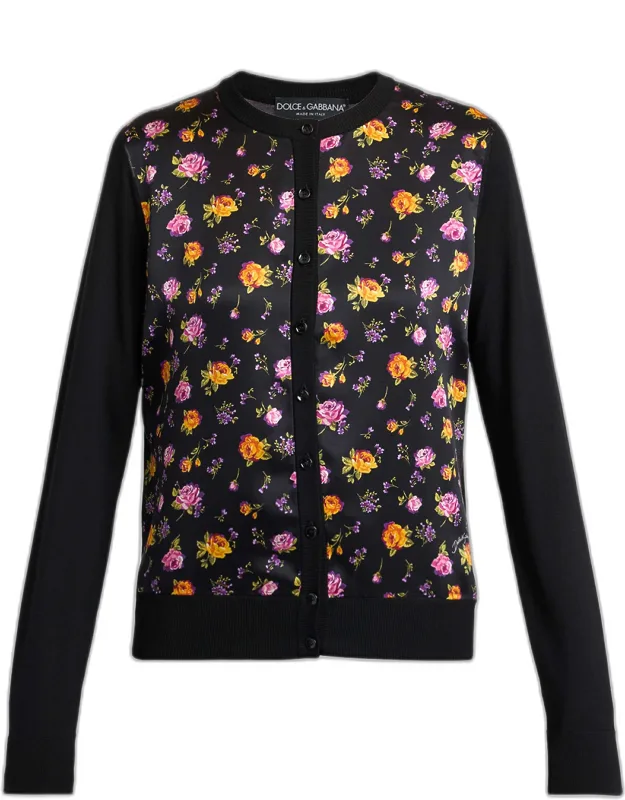 Rose Bouquets-print Satin Cardigan