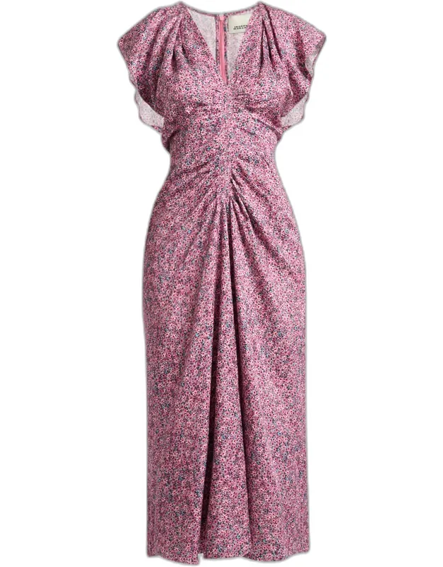Floral Satin Flutter-sleeve Midi Dress
