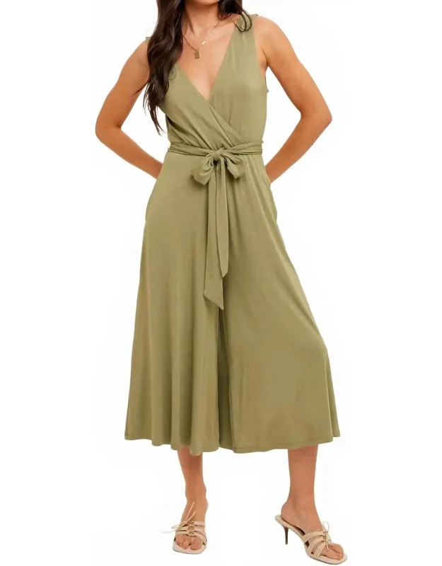 Surplice Neck Belted Wide Leg Jumpsuit
