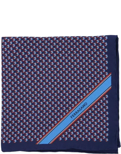 Pocket Square With Gancini Print And Logo Lettering In Silk