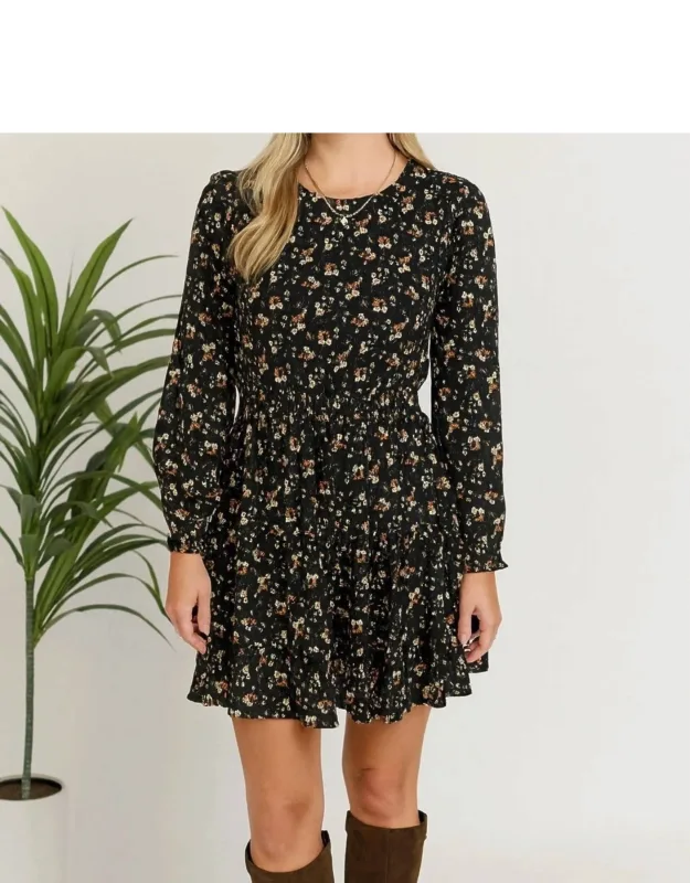 High Neck Long Sleeve Flower Dress