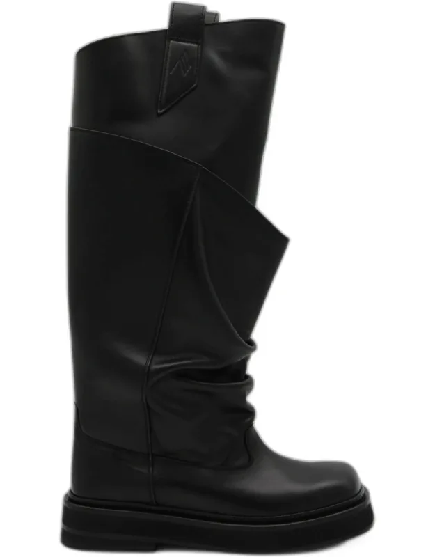 Black Leather Boots With Square Toe And Leather Sole