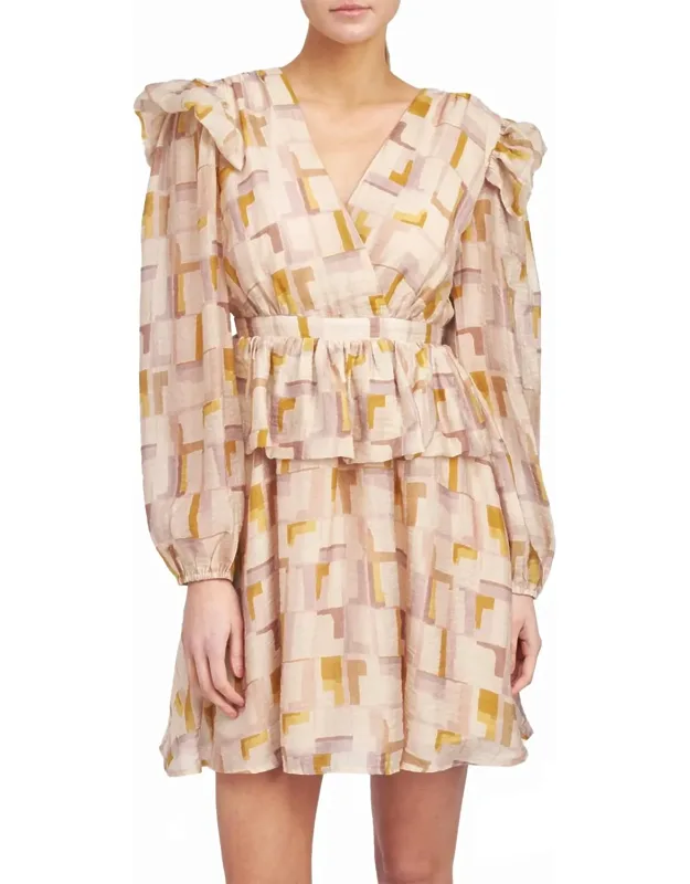 Winnie Mini Dress In Sugar With Peplum Waist And V-neckline