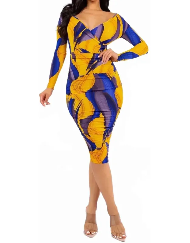Off Shoulder Wrap Ruched Midi Dress