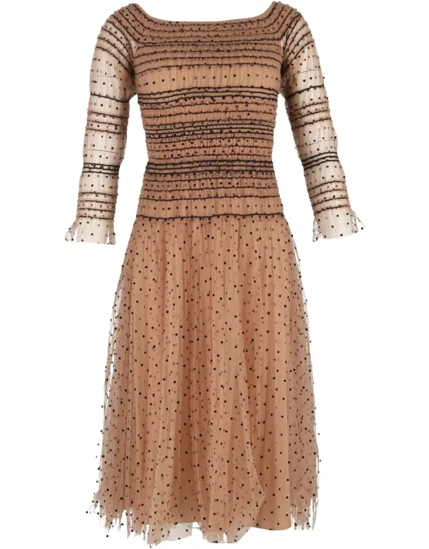 Shirred Polka-dot Off Shoulder Midi Dress