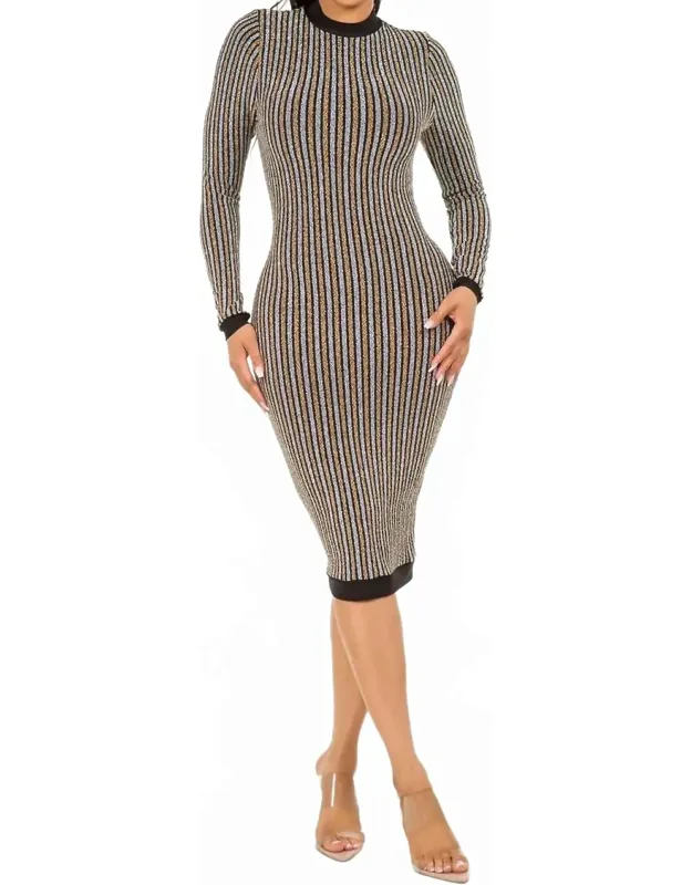 Elegant Stripe Glitter Back Zipper Midi Bodycon Dress